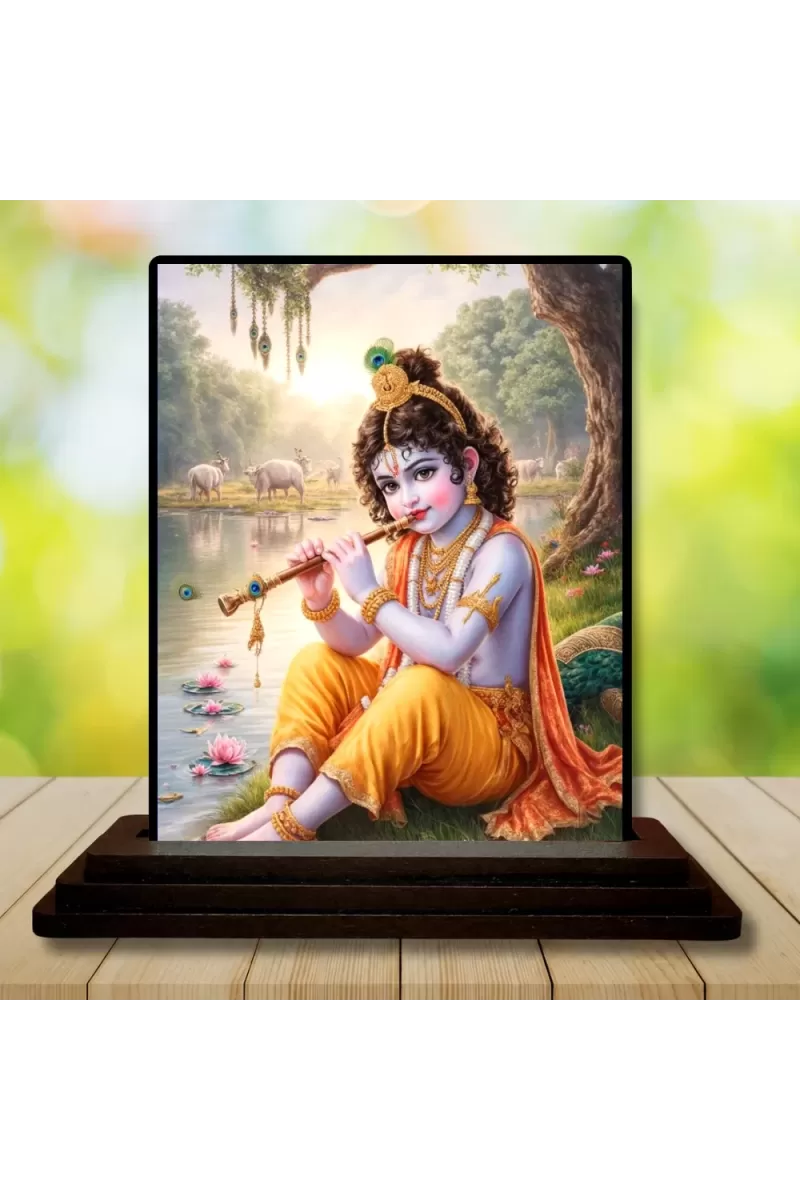Car Dashboard Krishna Wooden Photo Stand  3x4 Inches, Compact & Stylish Spiritual Display For Car, Home & Office (Pack Of 1) (F49394)