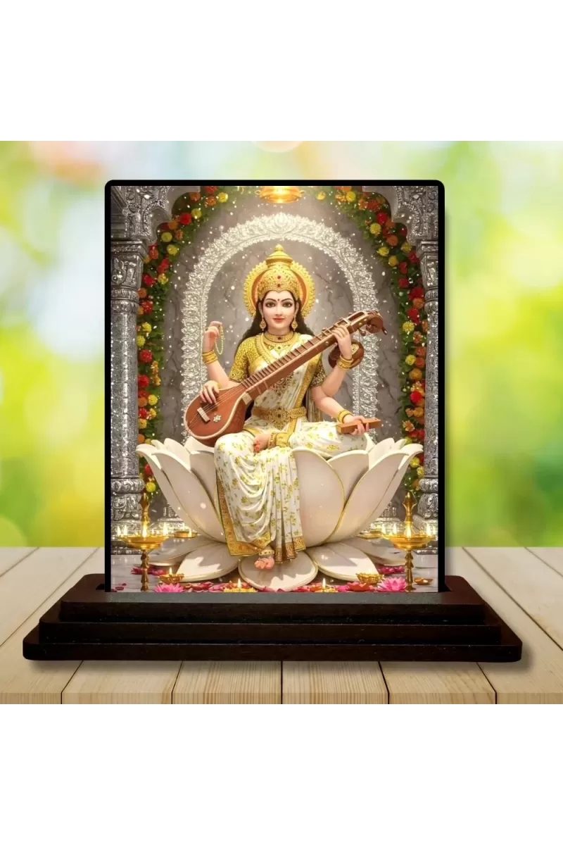 Car Dashboard Saraswati Wooden Photo Stand  3x4 Inches, Compact & Stylish Spiritual Display For Car, Home & Office (Pack Of 1) (F49401)