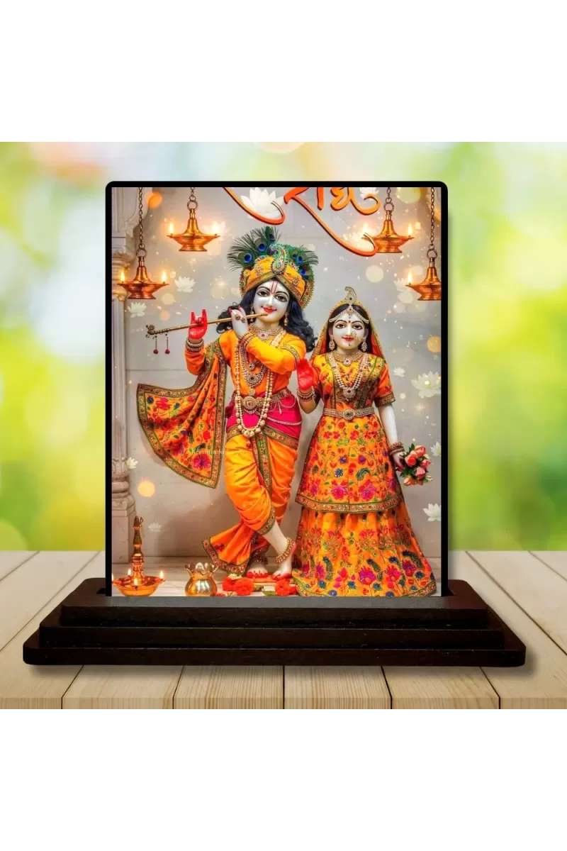 Car Dashboard Radha Krishna Wooden Photo Stand  3x4 Inches, Compact & Stylish Spiritual Display For Car, Home & Office (Pack Of 1) (F49422)