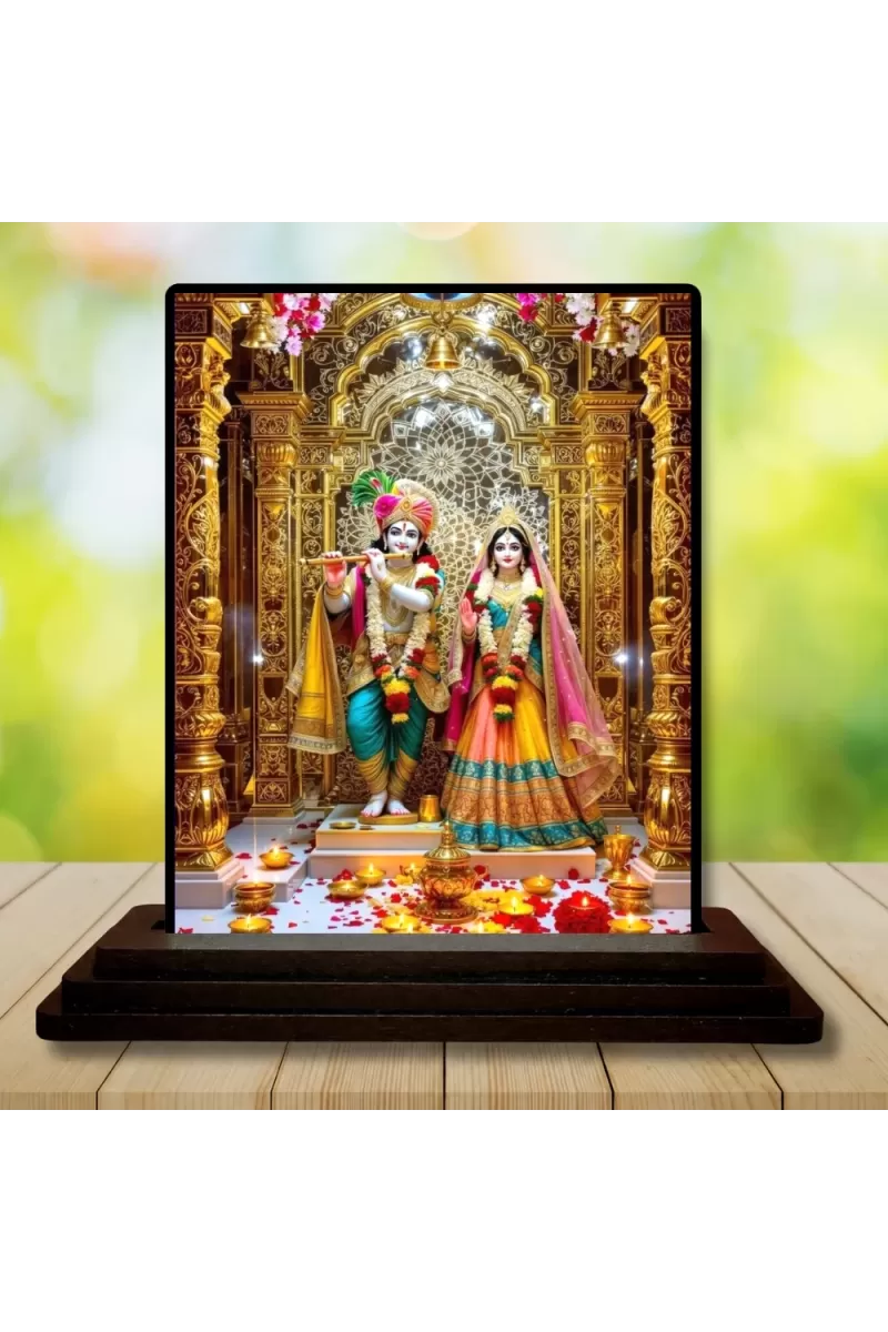 Car Dashboard Krishna And Radha Wooden Photo Stand  3x4 Inches, Compact & Stylish Spiritual Display For Car, Home & Office (Pack Of 1) (F49423)