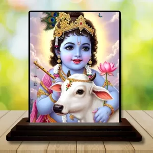 Car Dashboard Krishna Wooden Photo Stand  3x4 Inches, Compact & Stylish Spiritual Display For Car, Home & Office (Pack Of 1) (F49424)