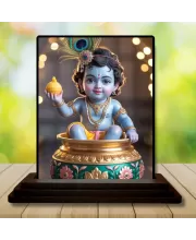 Car Dashboard Krishna Wooden Photo Stand  3x4 Inches, Compact & Stylish Spiritual Display For Car, Home & Office (Pack Of 1) (F49425)