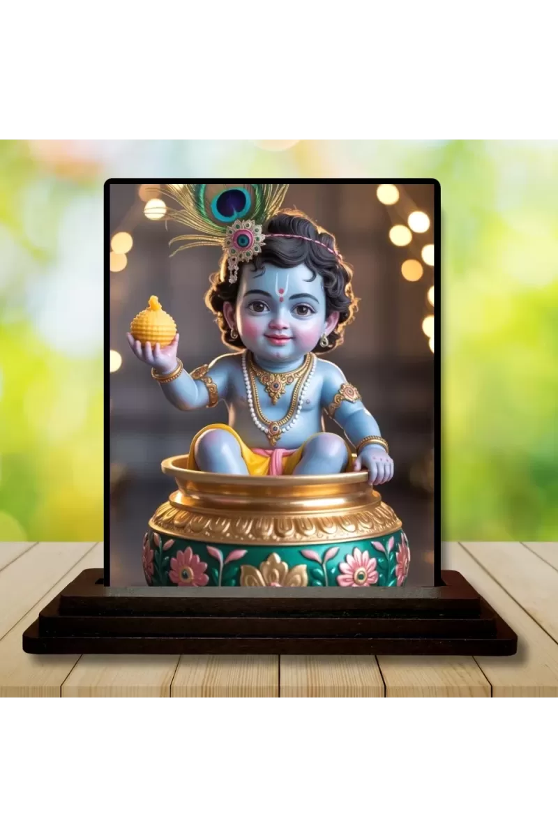 Car Dashboard Krishna Wooden Photo Stand  3x4 Inches, Compact & Stylish Spiritual Display For Car, Home & Office (Pack Of 1) (F49425)