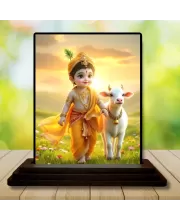 Car Dashboard Krishna Wooden Photo Stand  3x4 Inches, Compact & Stylish Spiritual Display For Car, Home & Office (Pack Of 1) (F49428)