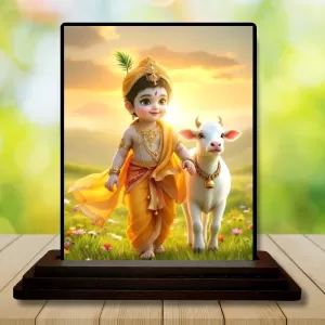Car Dashboard Krishna Wooden Photo Stand  3x4 Inches, Compact & Stylish Spiritual Display For Car, Home & Office (Pack Of 1) (F49428)