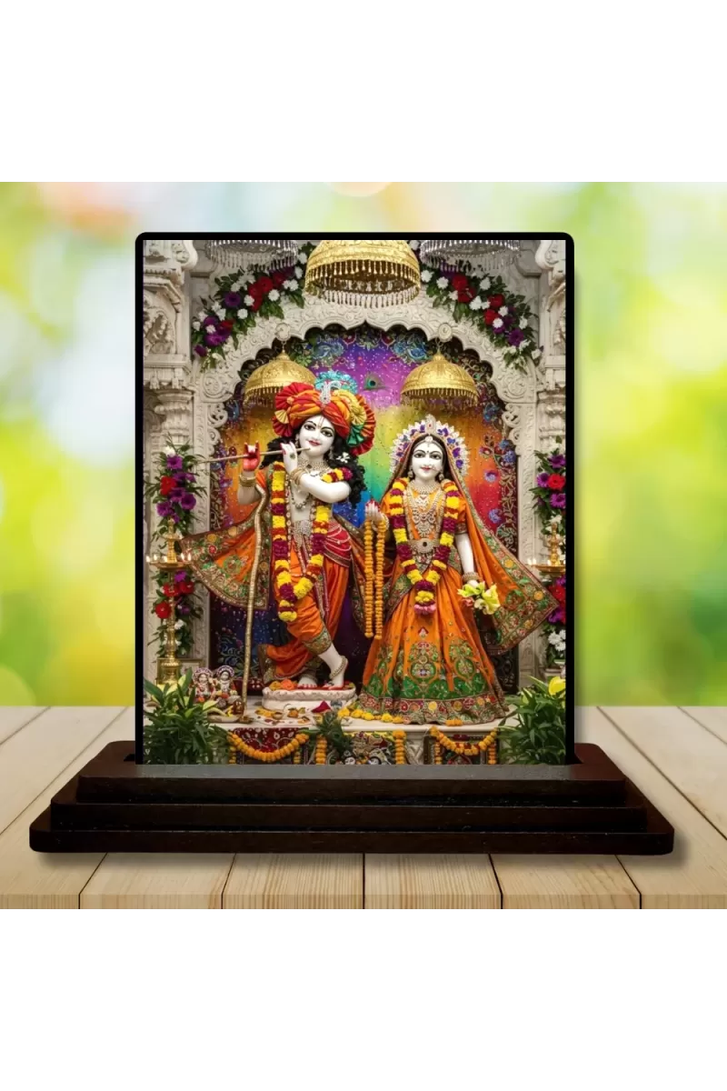 Car Dashboard Krishna And Radha Wooden Photo Stand  3x4 Inches, Compact & Stylish Spiritual Display For Car, Home & Office (Pack Of 1) (F49432)