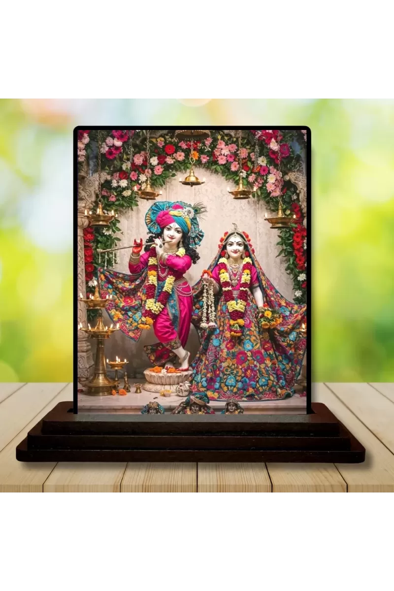 Car Dashboard Krishna And Radha Wooden Photo Stand  3x4 Inches, Compact & Stylish Spiritual Display For Car, Home & Office (Pack Of 1) (F49433)