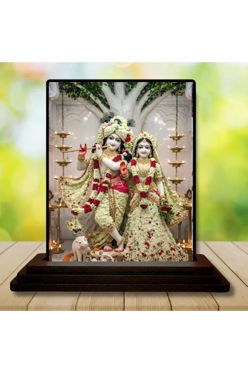 Car Dashboard Radha Krishna Wooden Photo Stand  3x4 Inches, Compact & Stylish Spiritual Display For Car, Home & Office (Pack Of 1) (F49434)