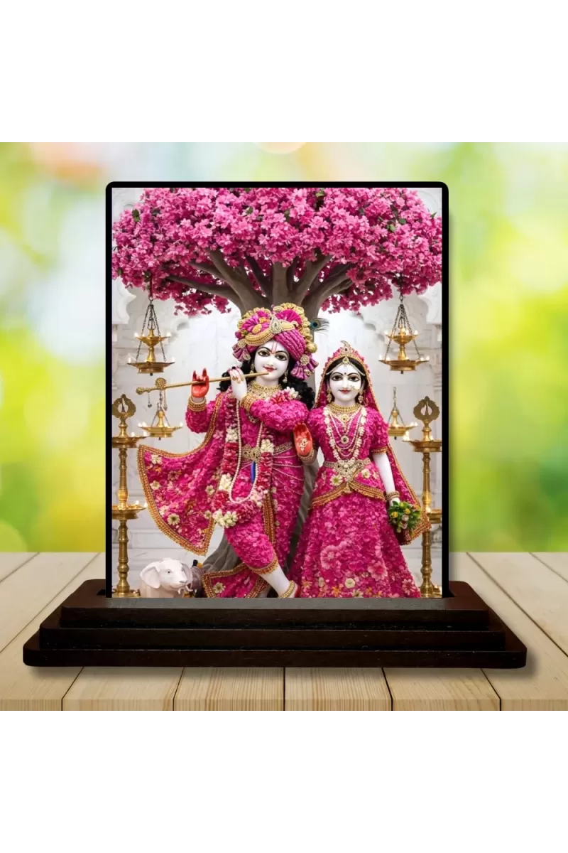 Car Dashboard Radha Krishna Wooden Photo Stand  3x4 Inches, Compact & Stylish Spiritual Display For Car, Home & Office (Pack Of 1) (F49436)