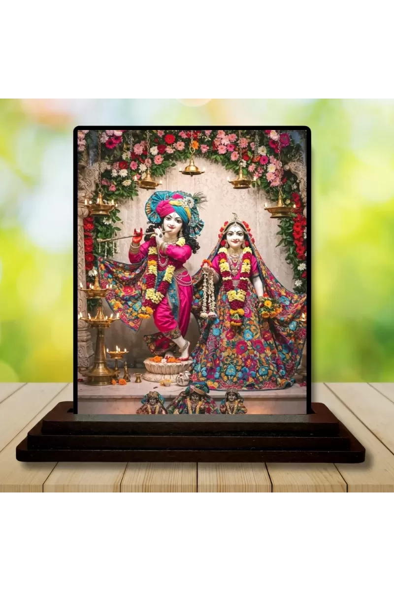 Car Dashboard Krishna And Radha Wooden Photo Stand  3x4 Inches, Compact & Stylish Spiritual Display For Car, Home & Office (Pack Of 1) (F49437)
