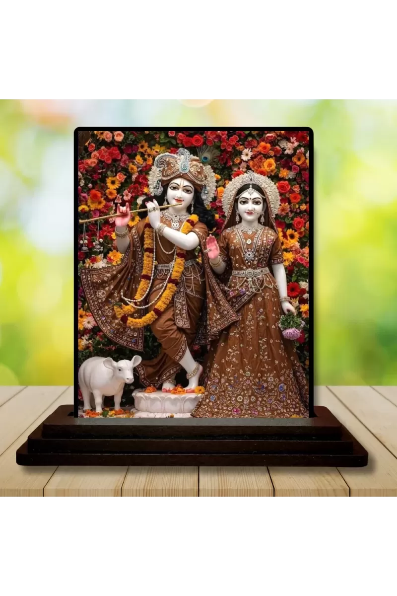 Car Dashboard Krishna And Radha Wooden Photo Stand  3x4 Inches, Compact & Stylish Spiritual Display For Car, Home & Office (Pack Of 1) (F49438)