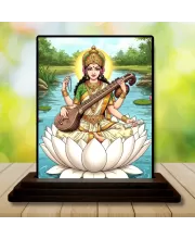 Car Dashboard Saraswati Wooden Photo Stand  3x4 Inches, Compact & Stylish Spiritual Display For Car, Home & Office (Pack Of 1) (F49487)