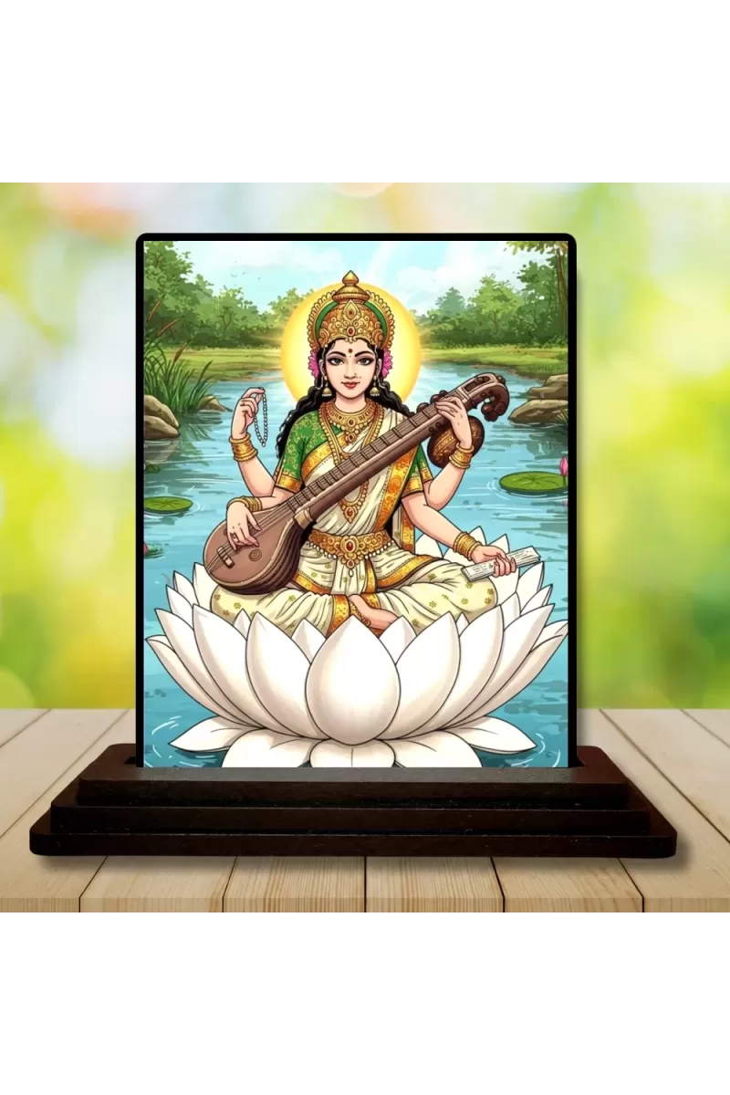 Car Dashboard Saraswati Wooden Photo Stand  3x4 Inches, Compact & Stylish Spiritual Display For Car, Home & Office (Pack Of 1) (F49487)