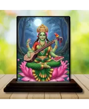 Car Dashboard Saraswati Wooden Photo Stand  3x4 Inches, Compact & Stylish Spiritual Display For Car, Home & Office (Pack Of 1) (F49488)