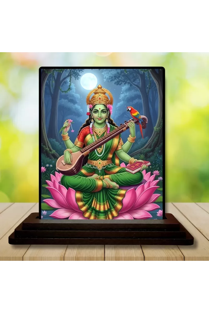 Car Dashboard Saraswati Wooden Photo Stand  3x4 Inches, Compact & Stylish Spiritual Display For Car, Home & Office (Pack Of 1) (F49488)