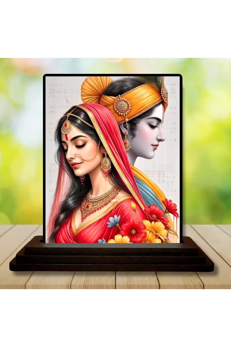 Car Dashboard Radha Krishna Wooden Photo Stand  3x4 Inches, Compact & Stylish Spiritual Display For Car, Home & Office (Pack Of 1) (F49508)