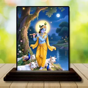 Car Dashboard Krishna Wooden Photo Stand  3x4 Inches, Compact & Stylish Spiritual Display For Car, Home & Office (Pack Of 1) (F49526)