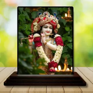 Car Dashboard Krishna Wooden Photo Stand  3x4 Inches, Compact & Stylish Spiritual Display For Car, Home & Office (Pack Of 1) (F49527)