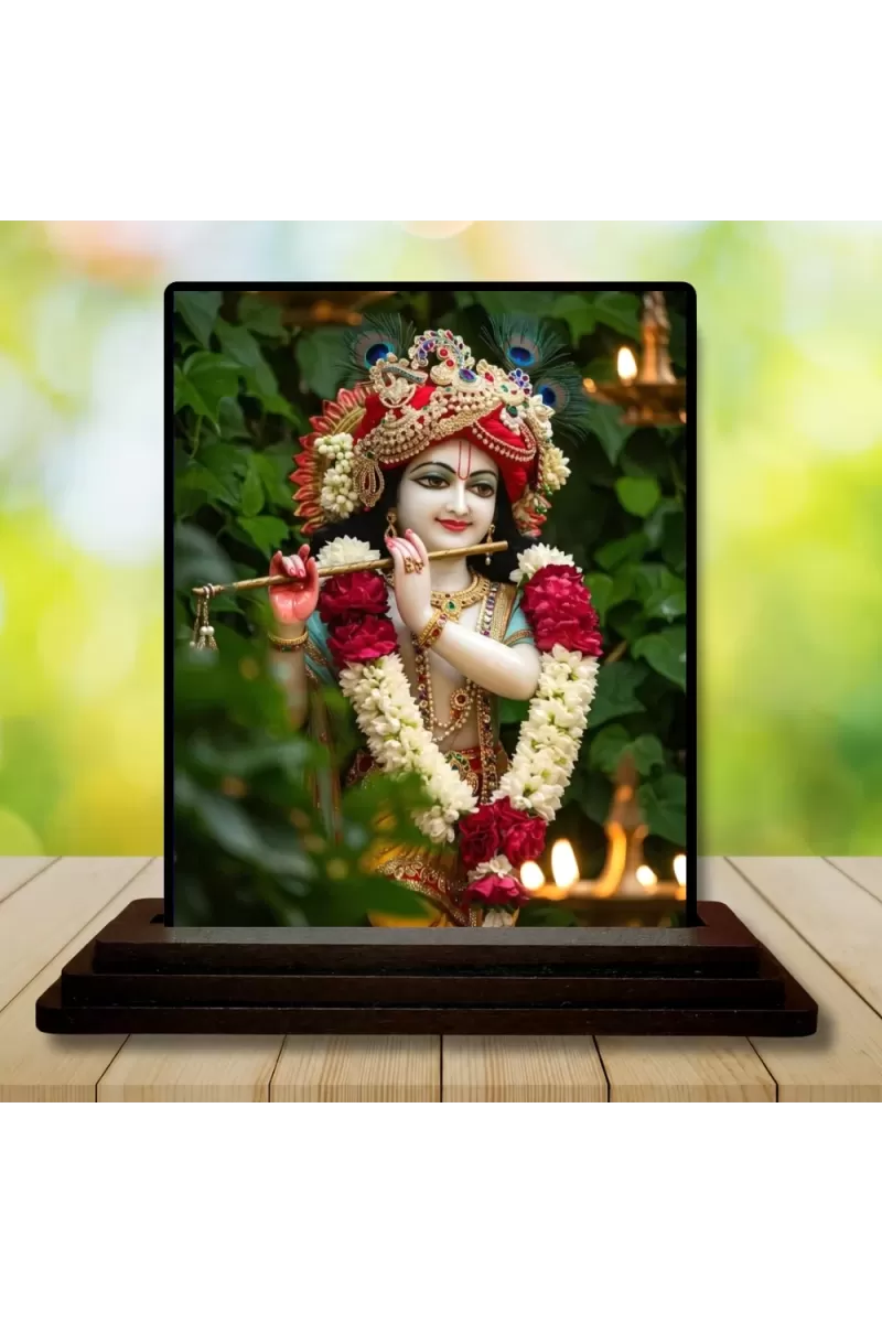 Car Dashboard Krishna Wooden Photo Stand  3x4 Inches, Compact & Stylish Spiritual Display For Car, Home & Office (Pack Of 1) (F49527)