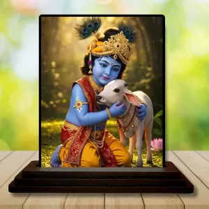 Car Dashboard Krishna Wooden Photo Stand  3x4 Inches, Compact & Stylish Spiritual Display For Car, Home & Office (Pack Of 1) (F49535)