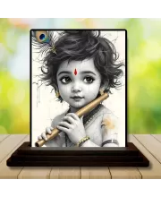 Car Dashboard Lord Krishna Wooden Photo Stand  3x4 Inches, Compact & Stylish Spiritual Display For Car, Home & Office (Pack Of 1) (F49541)