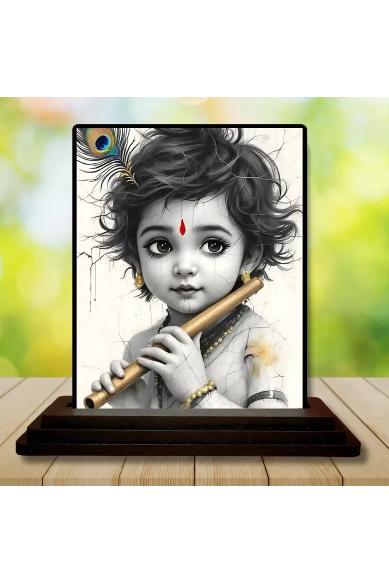 Car Dashboard Lord Krishna Wooden Photo Stand  3x4 Inches, Compact & Stylish Spiritual Display For Car, Home & Office (Pack Of 1) (F49541)