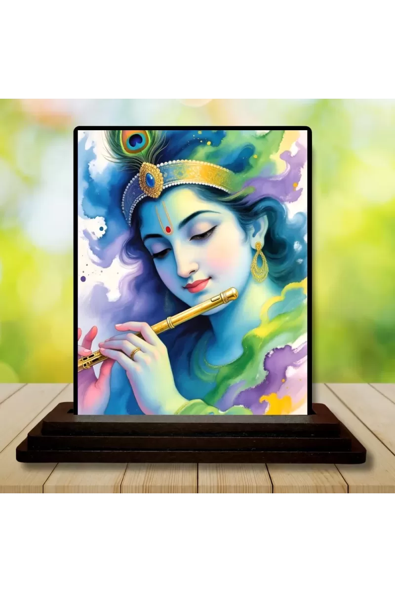 Car Dashboard Lord Krishna Wooden Photo Stand  3x4 Inches, Compact & Stylish Spiritual Display For Car, Home & Office (Pack Of 1) (F49542)