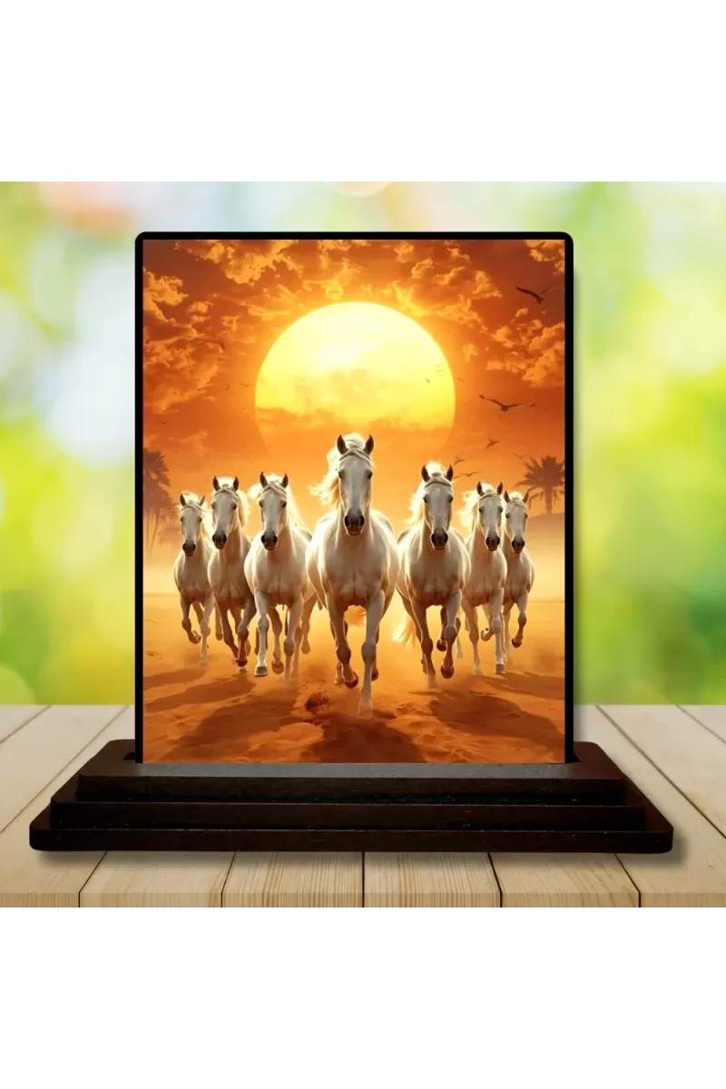 Car Dashboard Running Horses Wooden Photo Stand  3x4 Inches, Compact & Stylish Spiritual Display For Car, Home & Office (Pack Of 1) (F49550)