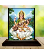Car Dashboard Saraswati Wooden Photo Stand  3x4 Inches, Compact & Stylish Spiritual Display For Car, Home & Office (Pack Of 1) (F49551)