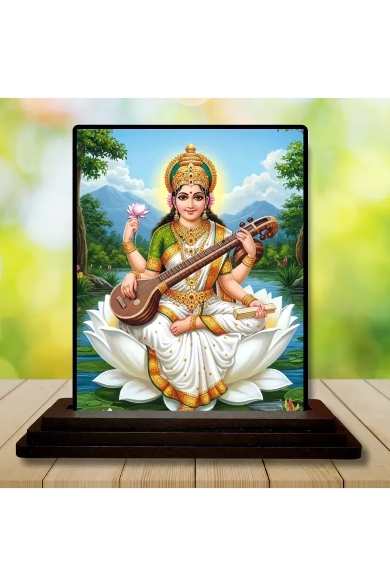 Car Dashboard Saraswati Wooden Photo Stand  3x4 Inches, Compact & Stylish Spiritual Display For Car, Home & Office (Pack Of 1) (F49551)