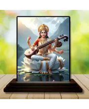 Car Dashboard Saraswati Wooden Photo Stand  3x4 Inches, Compact & Stylish Spiritual Display For Car, Home & Office (Pack Of 1) (F49552)