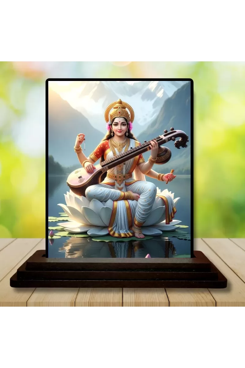 Car Dashboard Saraswati Wooden Photo Stand  3x4 Inches, Compact & Stylish Spiritual Display For Car, Home & Office (Pack Of 1) (F49552)