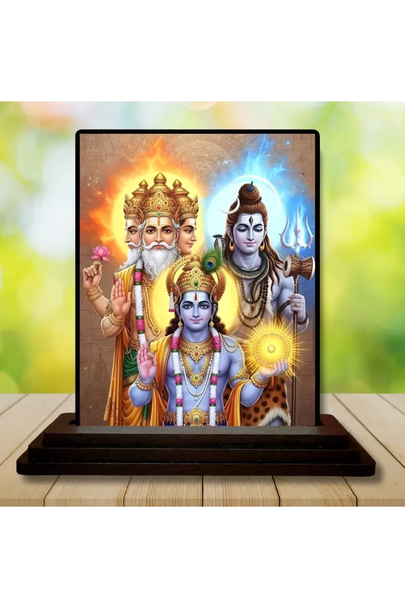Car Dashboard Lord Brahma Lord Vishnu Lord Shiva Wooden Photo Stand  3x4 Inches, Compact & Stylish Spiritual Display For Car, Home & Office (Pack Of 1) (F49565)