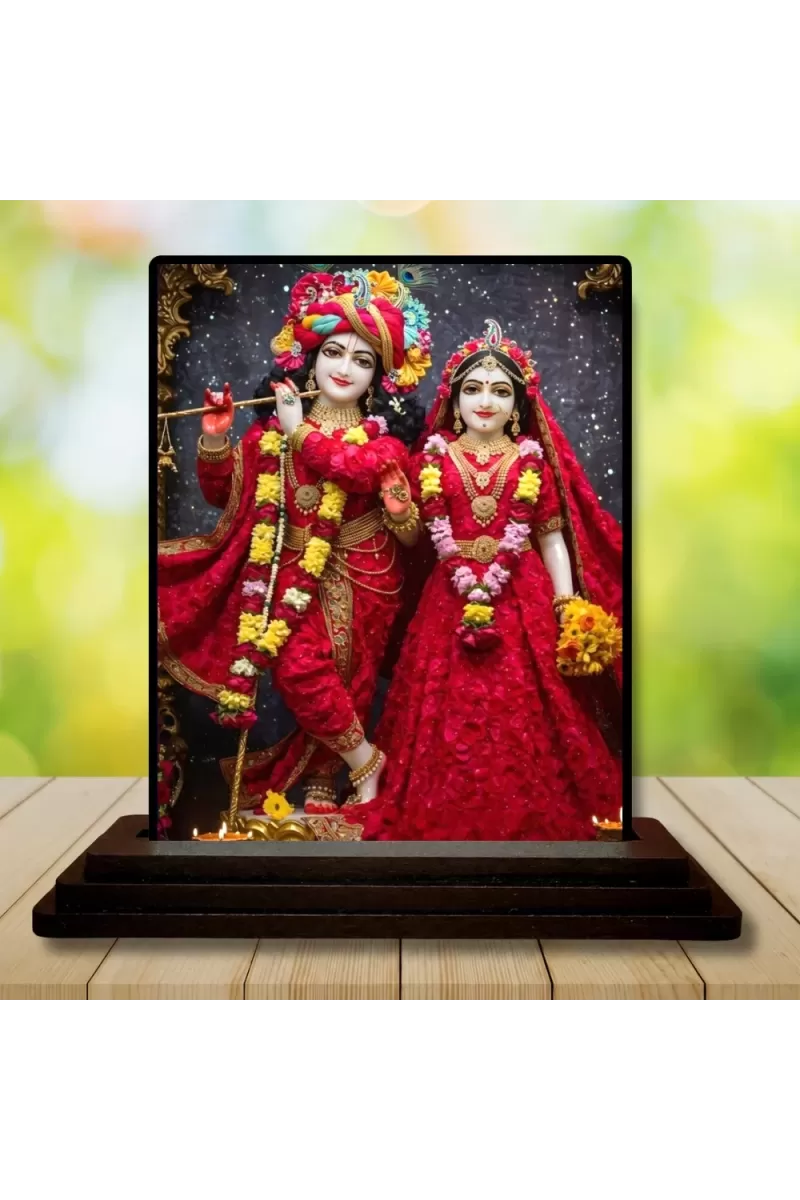Car Dashboard Shree Krishna And Shree Radha Wooden Photo Stand  3x4 Inches, Compact & Stylish Spiritual Display For Car, Home & Office (Pack Of 1) (F49576)