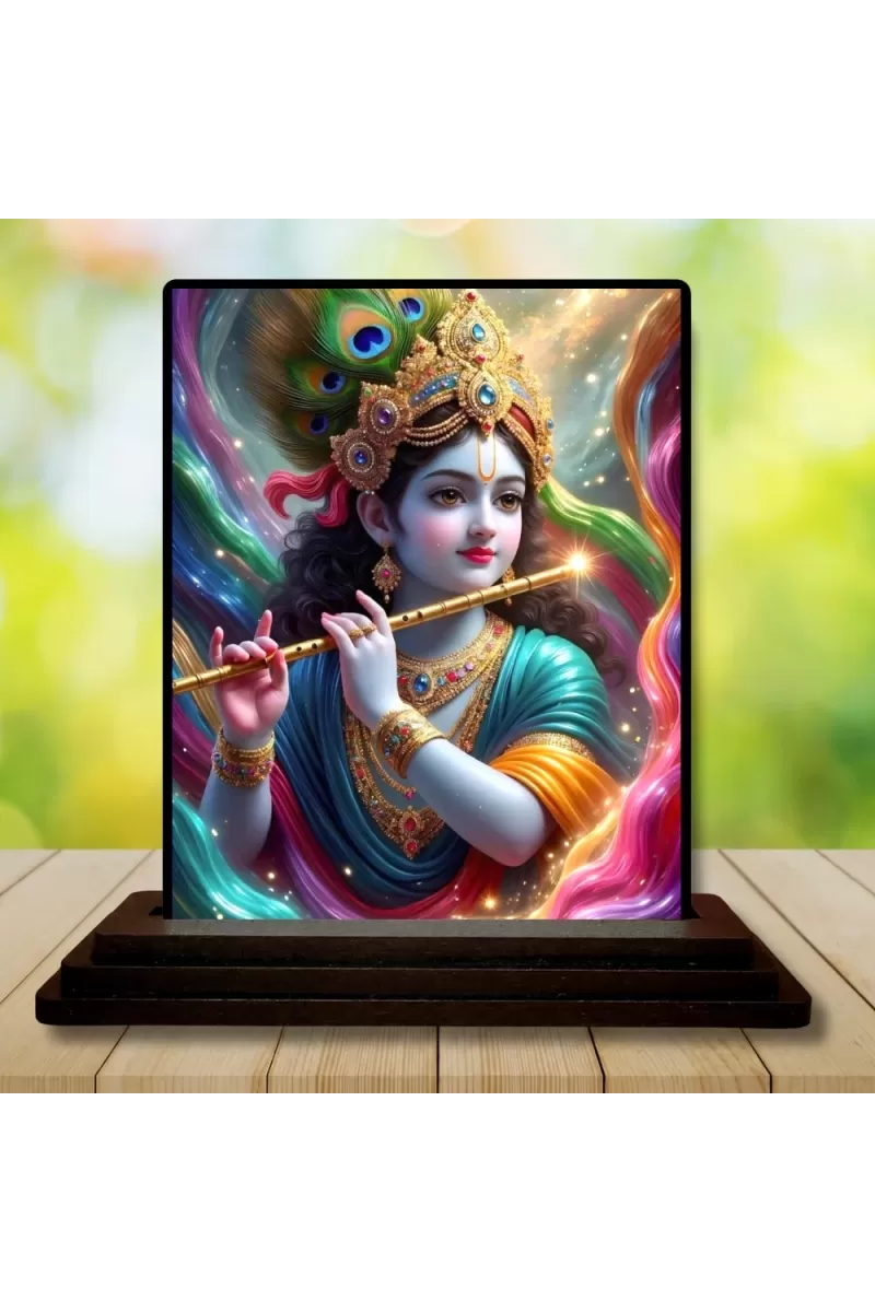 Car Dashboard Lord Shree Krishna Wooden Photo Stand  3x4 Inches, Compact & Stylish Spiritual Display For Car, Home & Office (Pack Of 1) (F49578)