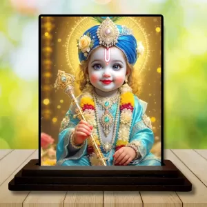 Car Dashboard Shree Krishna Wooden Photo Stand  3x4 Inches, Compact & Stylish Spiritual Display For Car, Home & Office (Pack Of 1) (F49580)