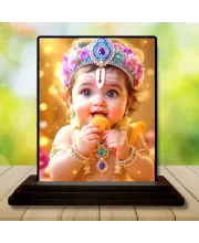 Car Dashboard Lord Shree Krishna Wooden Photo Stand  3x4 Inches, Compact & Stylish Spiritual Display For Car, Home & Office (Pack Of 1) (F49581)