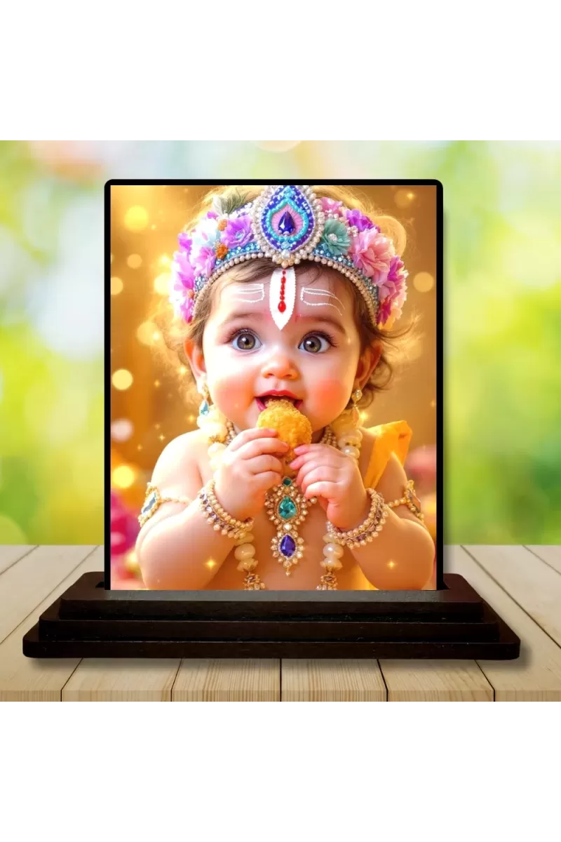 Car Dashboard Lord Shree Krishna Wooden Photo Stand  3x4 Inches, Compact & Stylish Spiritual Display For Car, Home & Office (Pack Of 1) (F49581)