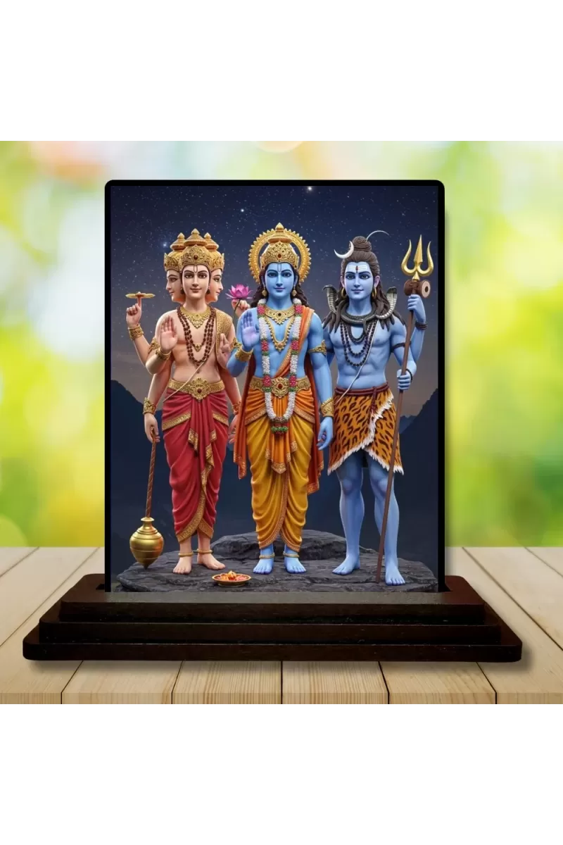Car Dashboard Lord Lord Brahma, Lord Vishnu, Lord Shiva Wooden Photo Stand  3x4 Inches, Compact & Stylish Spiritual Display For Car, Home & Office (Pack Of 1) (F49589)