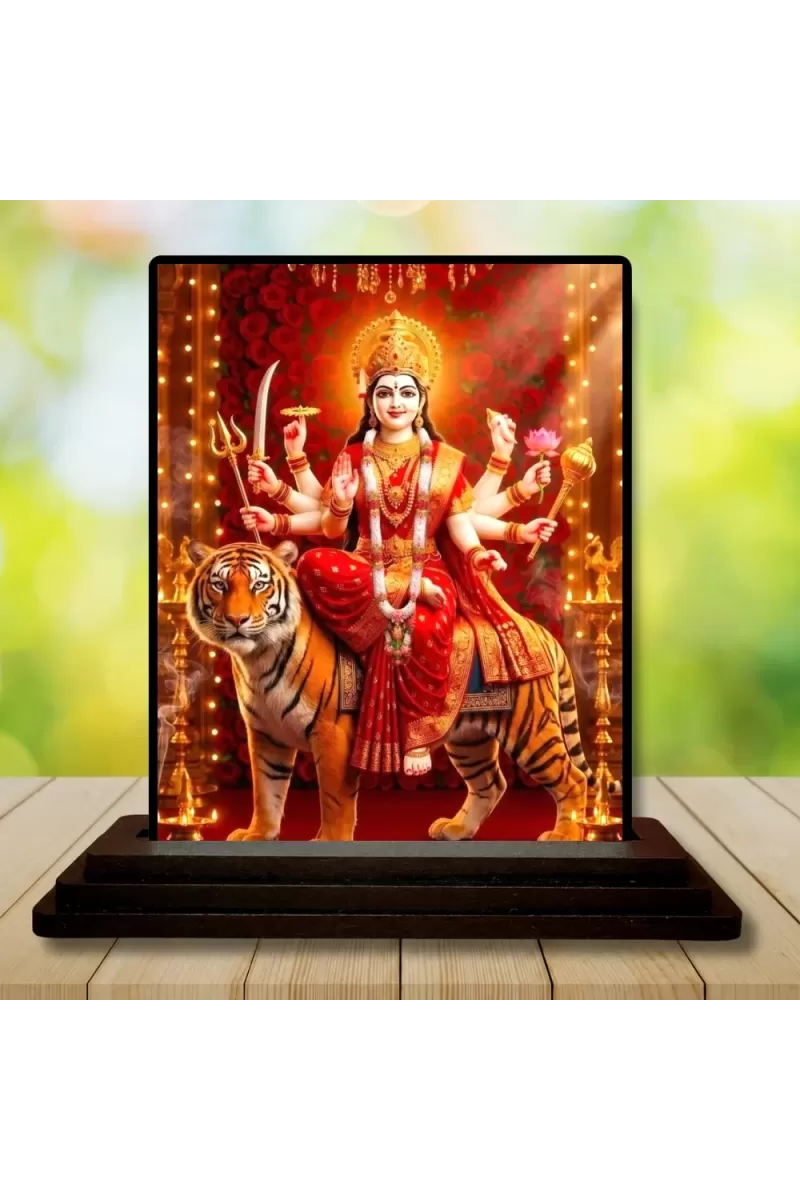 Car Dashboard Goddess Durga Wooden Photo Stand  3x4 Inches, Compact & Stylish Spiritual Display For Car, Home & Office (Pack Of 1) (F49595)