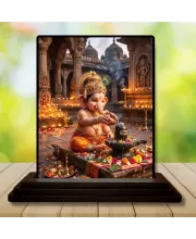 Car Dashboard Ganesha Wooden Photo Stand  3x4 Inches, Compact & Stylish Spiritual Display For Car, Home & Office (Pack Of 1) (F49615)