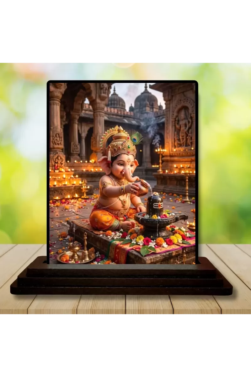 Car Dashboard Ganesha Wooden Photo Stand  3x4 Inches, Compact & Stylish Spiritual Display For Car, Home & Office (Pack Of 1) (F49615)