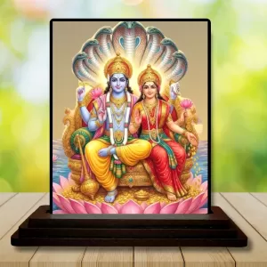Car Dashboard Vishnu And Lakshmi Wooden Photo Stand  3x4 Inches, Compact & Stylish Spiritual Display For Car, Home & Office (Pack Of 1) (F49617)