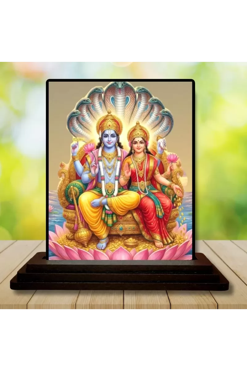 Car Dashboard Vishnu And Lakshmi Wooden Photo Stand  3x4 Inches, Compact & Stylish Spiritual Display For Car, Home & Office (Pack Of 1) (F49617)