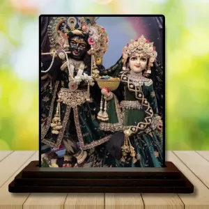 Car Dashboard Krishna And Radha Wooden Photo Stand  3x4 Inches, Compact & Stylish Spiritual Display For Car, Home & Office (Pack Of 1) (F49619)