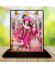 Car Dashboard Krishna And Radha Wooden Photo Stand  3x4 Inches, Compact & Stylish Spiritual Display For Car, Home & Office (Pack Of 1) (F49634)