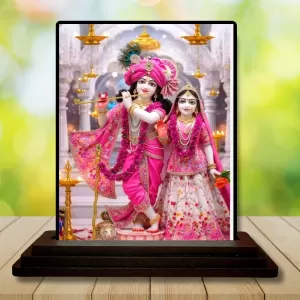 Car Dashboard Krishna And Radha Wooden Photo Stand  3x4 Inches, Compact & Stylish Spiritual Display For Car, Home & Office (Pack Of 1) (F49634)