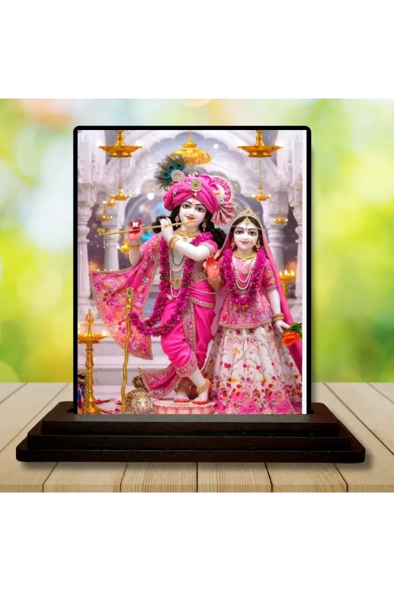 Car Dashboard Krishna And Radha Wooden Photo Stand  3x4 Inches, Compact & Stylish Spiritual Display For Car, Home & Office (Pack Of 1) (F49634)