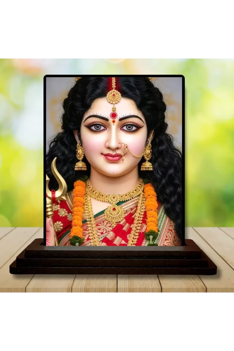 Car Dashboard Goddess Durga Wooden Photo Stand  3x4 Inches, Compact & Stylish Spiritual Display For Car, Home & Office (Pack Of 1) (F49636)