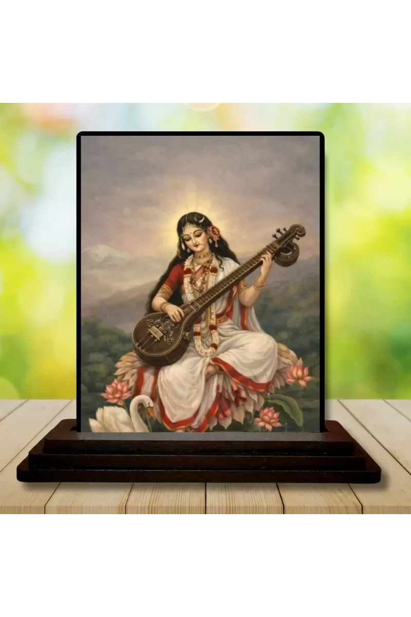 Car Dashboard Saraswati Wooden Photo Stand  3x4 Inches, Compact & Stylish Spiritual Display For Car, Home & Office (Pack Of 1) (F49638)